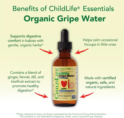 Vista 5 de CHILDLIFE ESSENTIALS Agua orgánica de Gripe para bebés y recién nacidos, alivia las molestias estomacales ocasionales asociadas con cólicos