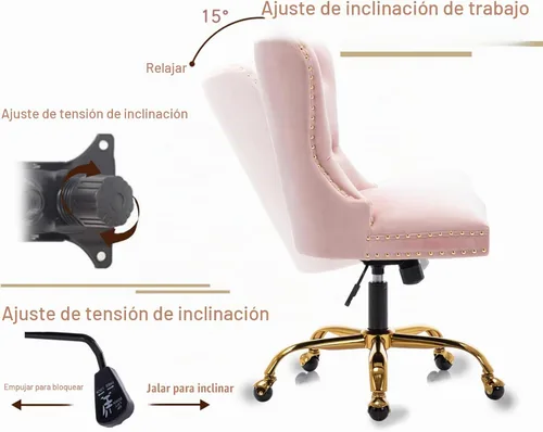 Vista 5 de Moderna silla giratoria de terciopelo, silla de escritorio de maquillaje copetuda con ruedas y base dorada, cómoda silla de escritorio tapizada