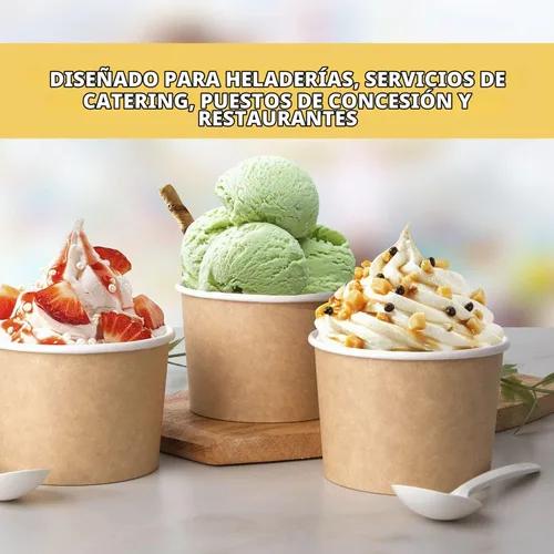 Vista 4 de Promora Tazas de helado de papel desechables de 12 onzas, 50 unidades + cucharas, cuencos para sopa caliente/postre con cucharas, perfectas