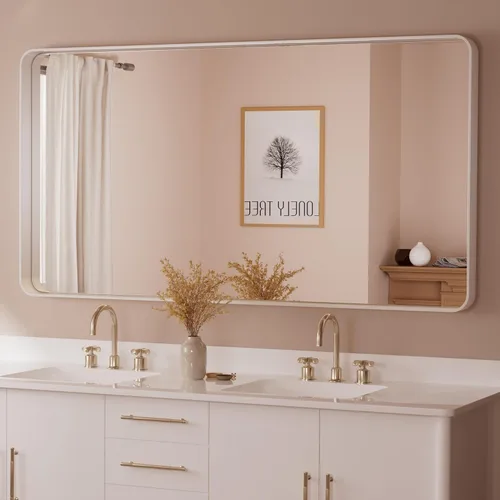 Vista 15 de Espejo de marco dorado cepillado de 16 x 24 pulgadas, espejo de tocador de baño de latón dorado para pared, espejo enmarcado rectangular de esquina