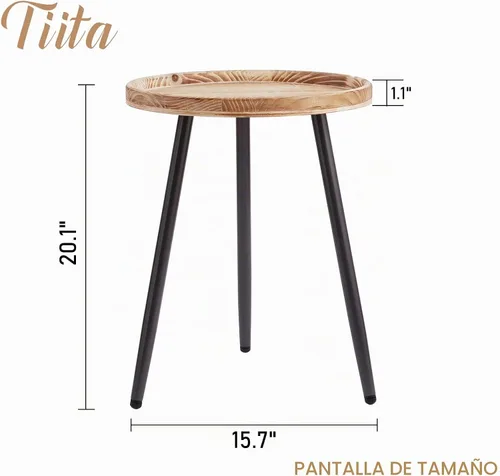 Vista 3 de Tiita Mesa auxiliar redonda mental, mesita de noche, mesas pequeñas de madera, mesa de centro con bandeja de madera para sala de estar, dormitorio