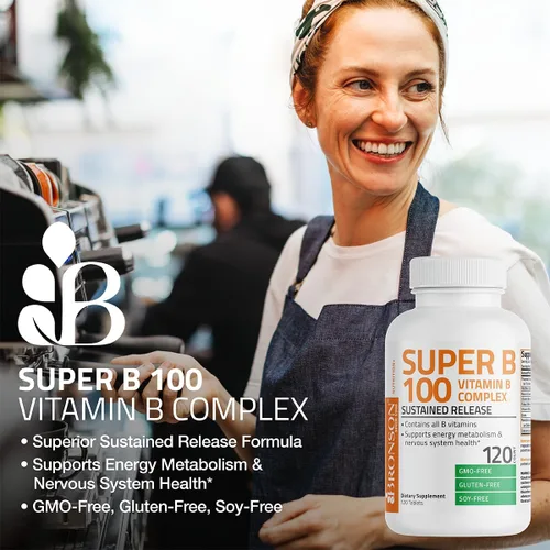 Vista 3 de Bronson Complejo de Vitamina B Super B 100 de Liberación Sostenida Contiene Todas las Vitaminas B (Vitamina B1, B2, B3, B6, B9 - Ácido Fólico, B12)