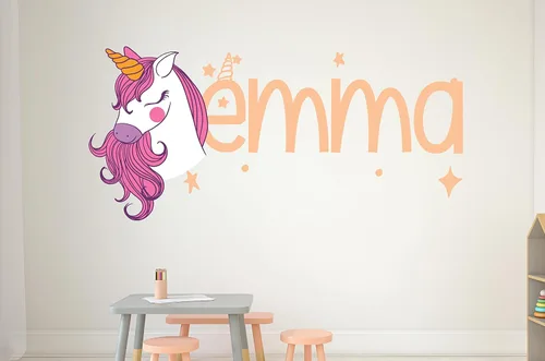 Vista 4 de Calcomanías de pared personalizadas de unicornio para dormitorio de niñas, calcomanías de pared con nombre personalizado de unicornio, decoración