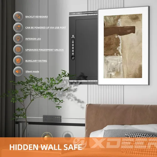 Vista 4 de XDeer Caja fuerte de seguridad de pared plana oculta en la pared, caja fuerte biométrica oculta para huellas dactilares, cajas fuertes electrónicas