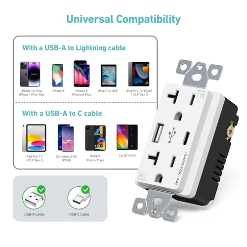 Vista 5 de WEBANG Toma USB C, 25 W 4.8 Amp 2 puertos USB receptáculo, toma de pared resistente a manipulaciones de 20 A con puertos USB C, placa de pared sin