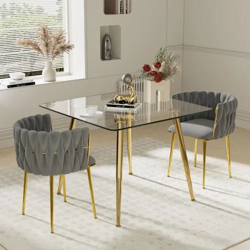 Vista 34 de Juego de mesa de comedor de cristal plateado para 2, juego de mesa cuadrada de lujo moderno de 36 pulgadas, juego de mesa de cocina minimalista de 3