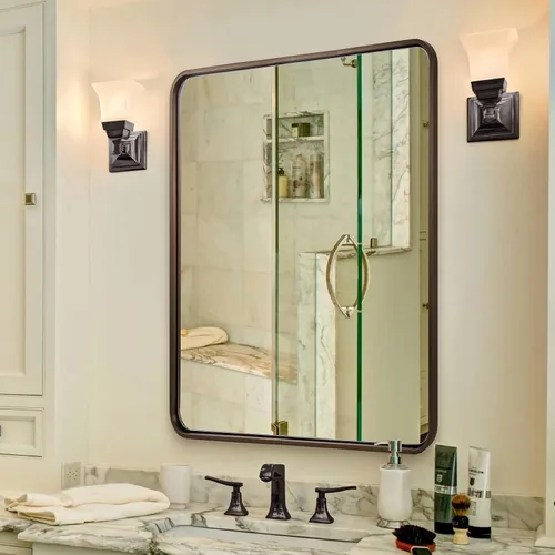 Vista 50 de Espejo de latón para baño, espejo rectangular redondeado de 22x30 pulgadas con marco de metal cepillado dorado, espejo de tocador de baño sin