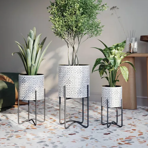 Vista 3 de EverNest Tristan - Maceta neutra de diseño bohemio blanco y negro con soporte Ambrose, macetas SelectBase para plantas