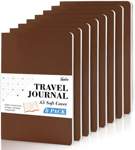 Vista 14 de Feela - Paquete de 8 cuadernos de tapa blanda en masa, cuadernos universitarios rayados para el trabajo, cuaderno de viaje rayado para mujeres