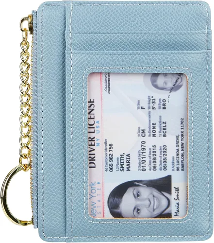 Vista 32 de Tarjetero delgado minimalista para mujer, monedero, monedero, llavero con bolsillo frontal con ventana de identificación