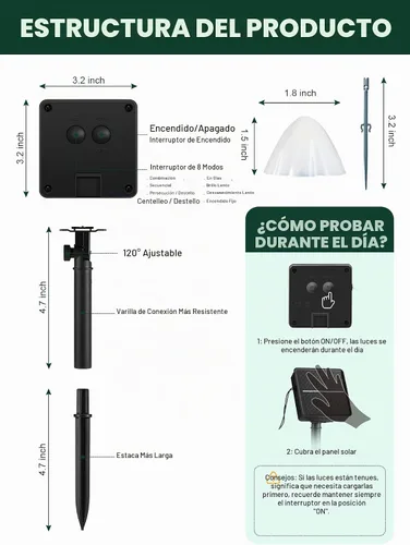 Vista 5 de Luces solares de jardín en forma de hongo para exteriores, 20 LED 32.8 FT luces solares para caminos al aire libre impermeables para cerca con 8