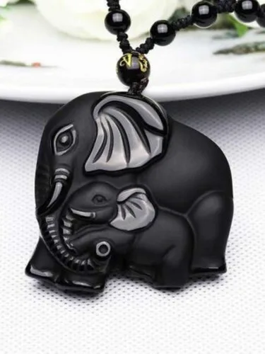 Vista 3 de Colgante de amuleto de elefante de obsidiana natural con cadena de cuentas ajustable para mujeres o hombres