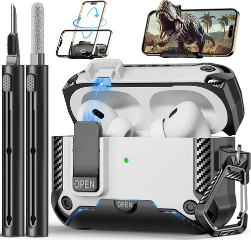 Vista 12 de Funda para AirPods Pro de 2ª Generación con Soporte para Teléfono, Protección Completa contra Caídas con Diseño de Interruptor Automático a Presión