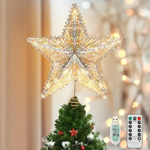 Vista 18 de Luxspire Estrella Superior para Árbol de Navidad, Luces LED de Metal con Purpurina 3D para Decoraciones Navideñas, Operada con Control Remoto y USB