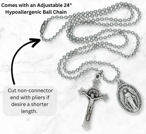 Vista 4 de Caritas et Fides Collar católico con crucifijo de San Benito y medalla milagrosa, hipoalergénico en cadena de bola de 24 pulgadas, collar católico