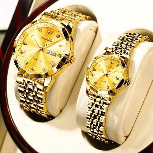 Vista 18 de OLEVS Juego de 2 relojes de cuarzo para parejas de San Valentín, calendario luminoso, ventana de fecha, 3 ATM, impermeable, casual, acero