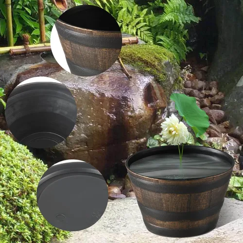 Vista 5 de YI Paquete de 4 macetas de jardín de barril de whisky de 13 pulgadas de resina de roble rústico para macetas de interior y exterior
