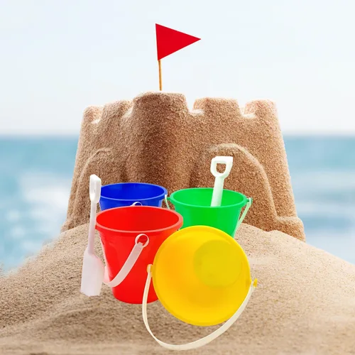Vista 5 de The Dreidel Company Juego de juego para el día de playa, (paquete de 3) cubo de arena de 5.25 pulgadas, caja de juego incluida, cubo y pala