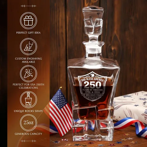 Vista 4 de Juego de decantador de whisky personalizado para el 250 aniversario Rocks, regalo de independencia de Estados Unidos 250 para hombres, nombre