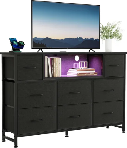 Vista 13 de DUMOS - Cómoda para TV con 8 cajones de tela, cómoda, color negro APP Control LED Lights and Type-C Charging Station, Fabric Storage Tower TV