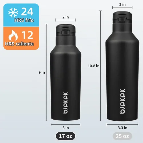 Vista 4 de BJPKPK Botella de agua aislada con pajilla, botellas de agua de acero inoxidable de 17 onzas con 2 tapas y asa de transporte, botella térmica