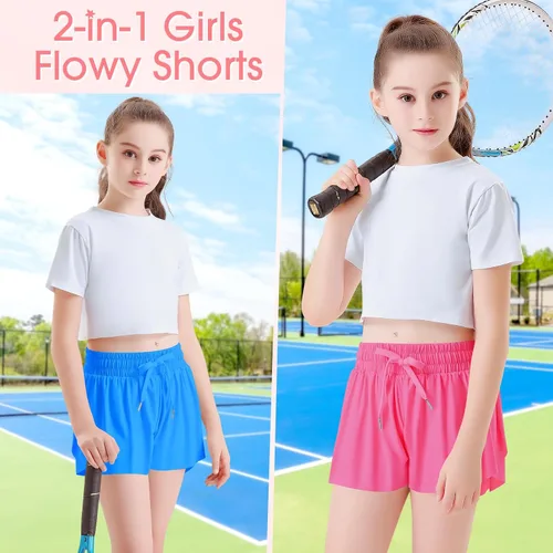 Vista 2 de Paquete de 2 pantalones cortos deportivos fluidos para niñas, pantalones cortos de mariposa para niños con bolsillo, pantalones cortos de tenis 2