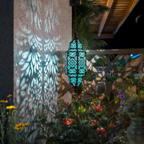 Vista 4 de Twinkya Luces solares colgantes para jardín al aire libre, farol solar impermeable, de metal, marroquí, decoración al aire libre para patio, camino