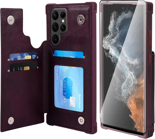 Vista 24 de VANAVAGY Funda tipo cartera compatible con Galaxy S22 con soporte para tarjetas de bloqueo RFID, piel sintética, cierre magnético, función atril
