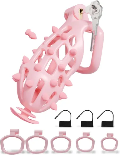 Vista 13 de Cobra Chastity Cage for Men, Invisible Lock, 5 Ball Rings (Pink, XS) Spiked cobra design, lightweight 3D printed open structure, breathable