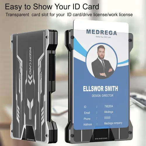 Vista 2 de Cartera para hombre con clip para dinero, cartera metálica con ventana, billetera RFID para hombre, delgada y minimalista, cartera para hombre
