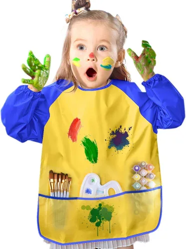Vista 5 de KUUQA Delantales de arte para niños impermeables con 3 bolsillos espaciosos, suministros de pintura (pinturas y pinceles no incluidos)
