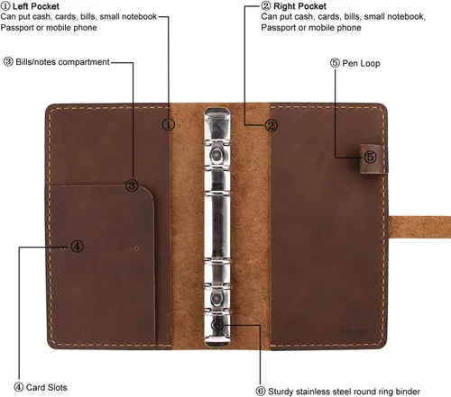 Vista 4 de Cuaderno de escritura de diario de cuero genuino, carpeta de anillos A6, bloc de notas recargable, organizador de viaje hecho a mano vintage