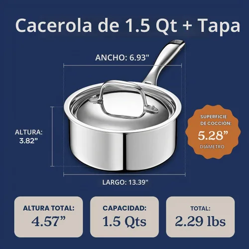 Vista 5 de LEGEND COOKWARE Olla de 1.5 cuartos de galón con tapa de acero inoxidable de 5 capas - Compatible con inducción, apta para horno a 800°F - Sin
