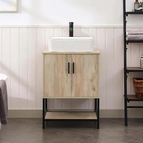 Vista 53 de UEV Juego de tocador de baño antiguo de 24 pulgadas, color marrón oscuro con lavabo, armario de baño de madera de hierro con grifo de temperatura