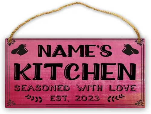 Vista 5 de Letrero de cocina de madera personalizado con sazonado con amor, accesorios de cocina, decoración de pared, regalos