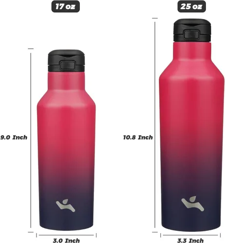 Vista 5 de Botella de agua aislada con popote, frasco de agua de acero inoxidable al vacío de doble pared de 17 OZ con 2 tapas, rojo glamour