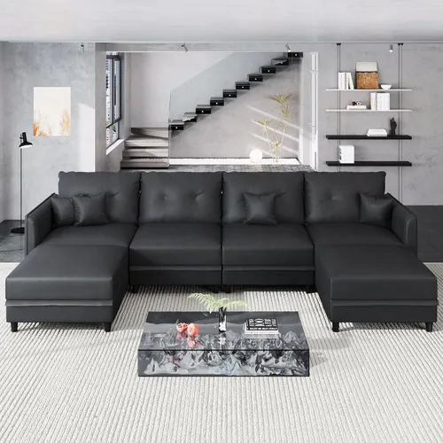 Vista 3 de LLappuil Sofá cama modular en forma de U de 6 plazas con almacenamiento, asiento profundo de piel sintética para sala de estar, impermeable y Negro