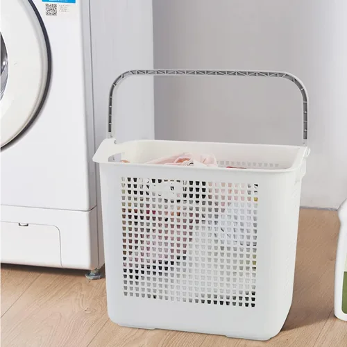 Vista 6 de Bringer Cestas de plástico para lavandería de 35 L con asa, paquete de 4 cestas sucias, color blanco