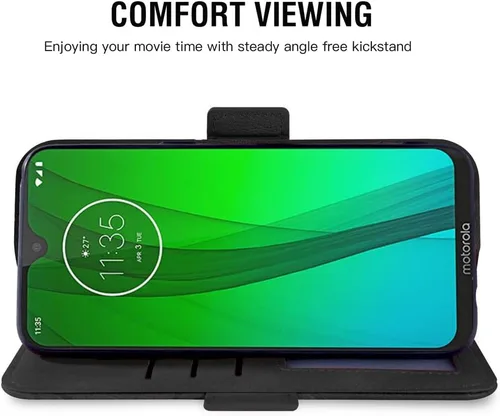 Vista 4 de Funda compatible con Moto G7/G7+/Revvlry Plus y protector de pantalla de vidrio templado, funda con tapa para tarjetero, soporte para teléfono Negro