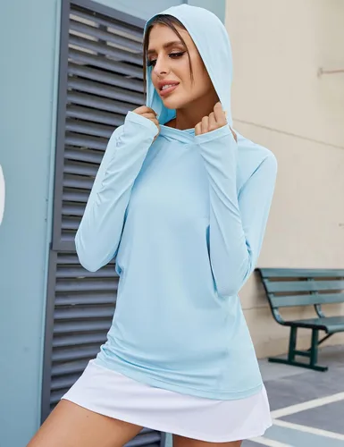 Vista 4 de LUYAA Sudadera con capucha para mujer, con protección solar UPF 50+, transpirable, elástica, de manga larga, para correr, entrenamiento al aire libre
