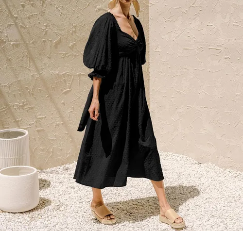 Vista 3 de R.Vivimos Vestido de verano bohemio de algodón con mangas abombadas y lunares suizos con cordones fruncidos, casual, acampanado, vestido por debajo