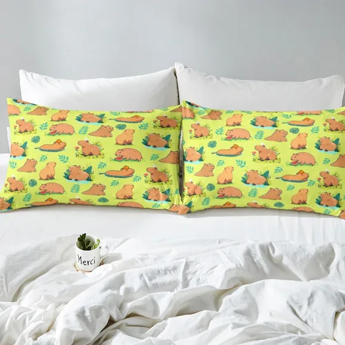 Vista 7 de Capybaras - Juego de funda de edredón tamaño individual, juego de ropa de cama para niños y niñas, diseño de zoológico de dibujos animados, juego