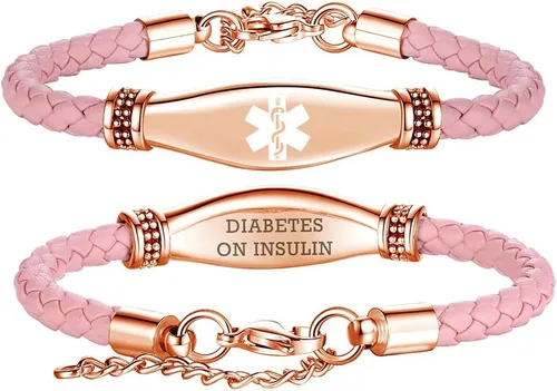 Vista 20 de LinnaLove Rose gold Medical Alert Bracelet for Women, Elegant Braided Pink Leather ID Jewelry, Adjustable Extension Fits 6.5"-8" Wrists
