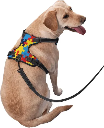 Vista 3 de Conjunto de arnés para perro, chaleco y correa, patrón de conciencia sobre el autismo, sin tirones, sin estrangulamiento, transpirable, reflectante