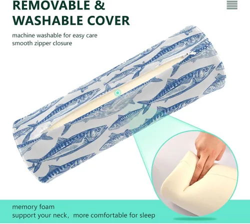 Vista 4 de Gredecor Neck Roll Pillow for Sleep, Blue Fish on White (2) Cervical Memory Foam Pillows Cylinder Bolster Pillow, Pain Relief Neck Pillows