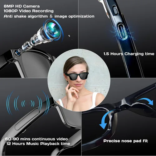 Vista 3 de Lentes inteligentes AI con asistente de voz, gafas de cámara HD de 8 MP, gafas de sol de grabación de video 1080P, reducción de ruido de chip