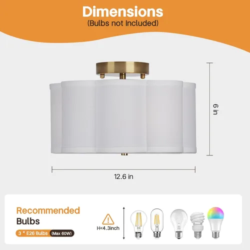 Vista 2 de Vexagyle Lámpara de techo moderna de montaje empotrado, lámpara de guardería de 3 luces con pantalla de tela blanca tipo pétalo, lámpara de techo