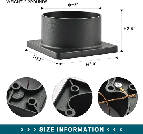 Vista 3 de Adaptador de base de montaje en muelle para poste de 3 pulgadas de diámetro, aluminio fundido negro, base de luz para poste para terraza, porche