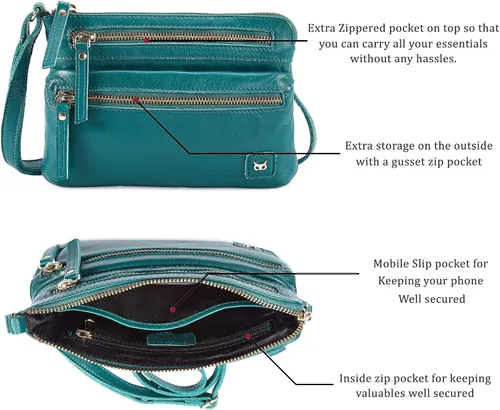 Vista 3 de Wise Owl Accessories Bolso cruzado pequeño de cuero real con triple cremallera para mujer, bolso cruzado vintage de primera calidad