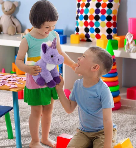 Vista 6 de DolliBu Peluche de unicornio morado – Unicornio suave para abrazar, adorable juguete de peluche de unicornio para jugar, lindo regalo de fantasía